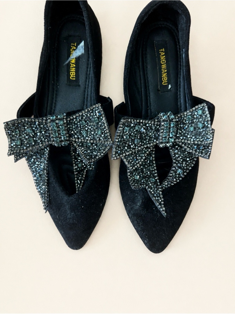 Black Velvet Pointed Toe Flats with Crystal Bow